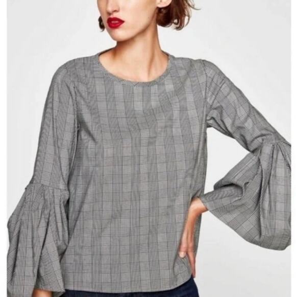 Zara Tops - ZARA WOMAN Plaid Bell Sleeve Black and White Cotton Blend Top Size M
